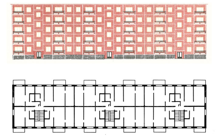 Outline and plan of the panel building system 1-464 widespread in the USSR, from <i>Varianty fasadov krupnopanel'nykh zhilykh domov serii 1-464A</i> (Moscow 1964) (outline) and <i>Istoriya Arkhitektury Byelorussii</i> (Minsk 1975) (map)
