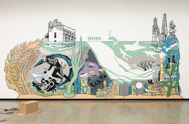 Victoria Lomasko <i>Under Water</i>, 2020 Ausstellungsansicht, ... von Brot, Wein, Autos, Sicherheit und Frieden, Kunsthalle Wien, 2020 Foto: Jorit Aust, Courtesy: Victoria Lomasko
