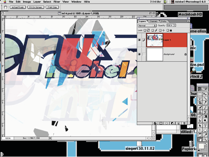 Bildschirmfoto des Laptops von Michel Majerus (P owerBook G3), aufgenommen von Cory Arcangel, November 2023, © Michel Majerus Estate, 2024